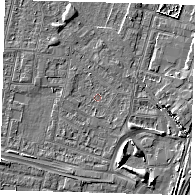 Shaded relief map of the ground around N182HA, computed from Environment Agency LiDAR. The ground here sits at about 11 m above sea level and falls 7 m across the surrounding 800 m. Surface water reaching this point runs off ground lying to the south, 1.1 m higher.