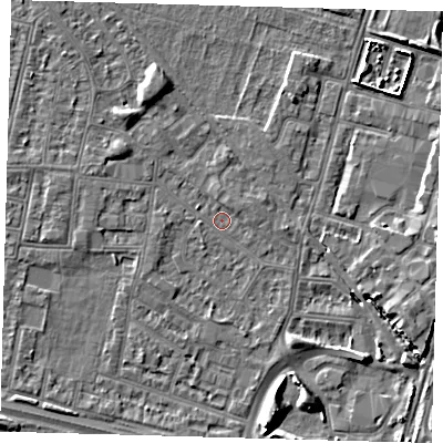 Shaded relief map of the ground around N182HB, computed from Environment Agency LiDAR. The ground here sits at about 11 m above sea level and falls 7 m across the surrounding 800 m. Surface water reaching this point runs off ground lying to the north-west, 2.2 m higher.
