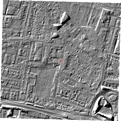 Shaded relief map of the ground around N182HD, computed from Environment Agency LiDAR. The ground here sits at about 12 m above sea level and falls 6 m across the surrounding 800 m. Surface water reaching this point runs off ground lying to the west-north-west, 1.2 m higher.