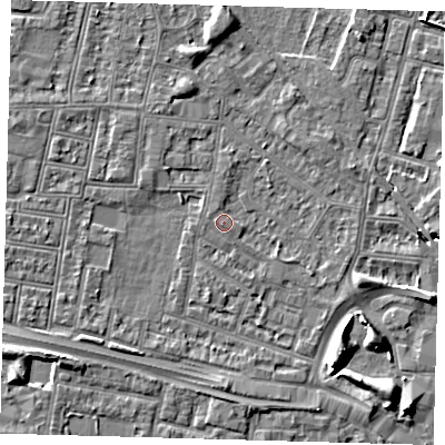 Shaded relief map of the ground around N182HF, computed from Environment Agency LiDAR. The ground here sits at about 12 m above sea level and falls 7 m across the surrounding 800 m. Surface water reaching this point runs off ground lying to the south-south-west, 1.4 m higher.