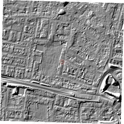 Shaded relief map of the ground around N182HG, computed from Environment Agency LiDAR. The ground here sits at about 11 m above sea level and falls 6 m across the surrounding 800 m. Surface water reaching this point runs off ground lying to the west-north-west, 2.5 m higher.