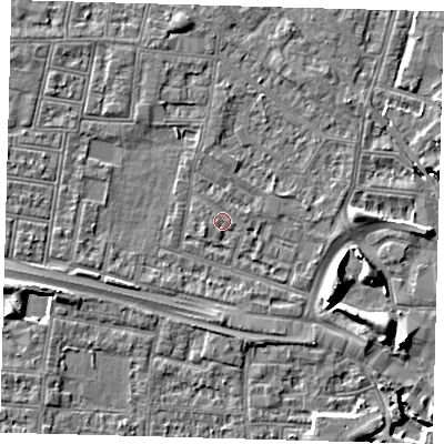 Shaded relief map of the ground around N182HH, computed from Environment Agency LiDAR. The ground here sits at about 12 m above sea level and falls 8 m across the surrounding 800 m. Surface water reaching this point runs off ground lying to the west, 0.9 m higher.
