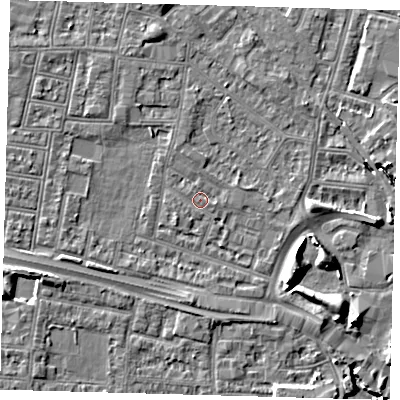 Shaded relief map of the ground around N182HJ, computed from Environment Agency LiDAR. The ground here sits at about 12 m above sea level and falls 8 m across the surrounding 800 m. The ground contributing surface water to this point lies to the west-south-west.