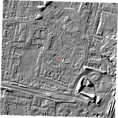 Shaded relief map of the ground around N182HL, computed from Environment Agency LiDAR. The ground here sits at about 11 m above sea level and falls 8 m across the surrounding 800 m. Surface water reaching this point runs off ground lying to the east-south-east, 1.1 m higher.