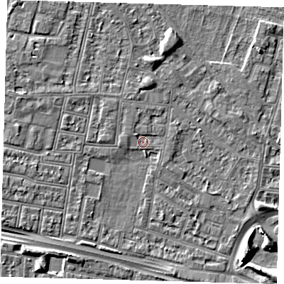 Shaded relief map of the ground around N182HN, computed from Environment Agency LiDAR. The ground here sits at about 12 m above sea level and falls 6 m across the surrounding 800 m. Surface water reaching this point runs off ground lying to the north-west, 1.2 m higher.