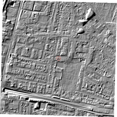 Shaded relief map of the ground around N182HP, computed from Environment Agency LiDAR. The ground here sits at about 12 m above sea level and falls 11 m across the surrounding 800 m. Surface water reaching this point runs off ground lying to the north-north-west, 1.2 m higher.