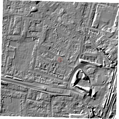 Shaded relief map of the ground around N182HS, computed from Environment Agency LiDAR. The ground here sits at about 11 m above sea level and falls 8 m across the surrounding 800 m. Surface water reaching this point runs off ground lying to the south-east, 7.0 m higher.