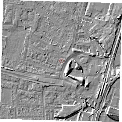 Shaded relief map of the ground around N182HU, computed from Environment Agency LiDAR. The ground here sits at about 11 m above sea level and falls 10 m across the surrounding 800 m. Surface water reaching this point runs off ground lying to the north-east, 7.2 m higher.