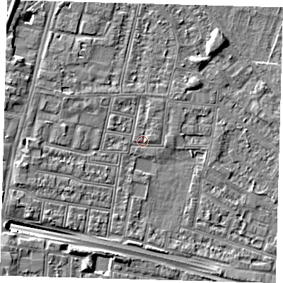 Shaded relief map of the ground around N182HW, computed from Environment Agency LiDAR. The ground here sits at about 12 m above sea level and falls 11 m across the surrounding 800 m. Surface water reaching this point runs off ground lying to the north-north-west, 1.1 m higher.