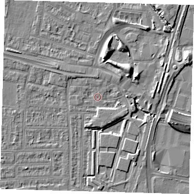 Shaded relief map of the ground around N182HX, computed from Environment Agency LiDAR. The ground here sits at about 11 m above sea level and falls 9 m across the surrounding 800 m. Surface water reaching this point runs off ground lying to the north-north-west, 1.4 m higher.