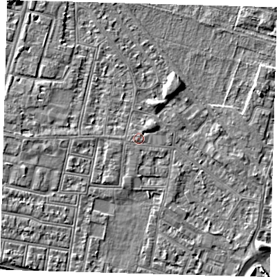 Shaded relief map of the ground around N182HZ, computed from Environment Agency LiDAR. The ground here sits at about 12 m above sea level and falls 6 m across the surrounding 800 m. Surface water reaching this point runs off ground lying to the west-south-west, 0.6 m higher.