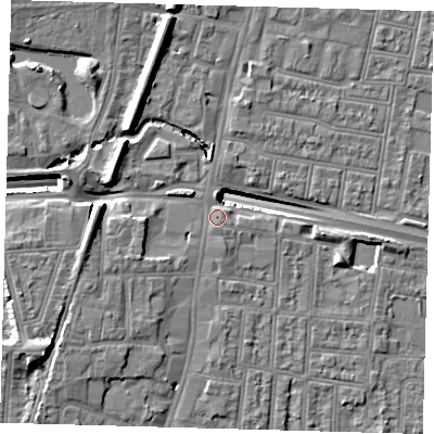 Shaded relief map of the ground around N182JD, computed from Environment Agency LiDAR. The ground here sits at about 14 m above sea level and falls 14 m across the surrounding 800 m. Surface water reaching this point runs off ground lying to the north-west, 2.1 m higher.