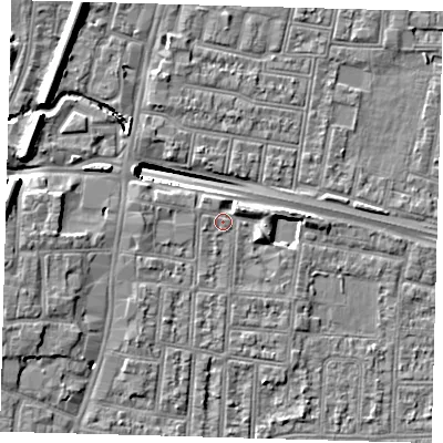 Shaded relief map of the ground around N182JF, computed from Environment Agency LiDAR. The ground here sits at about 13 m above sea level and falls 13 m across the surrounding 800 m. Surface water reaching this point runs off ground lying to the east, 3.1 m higher.