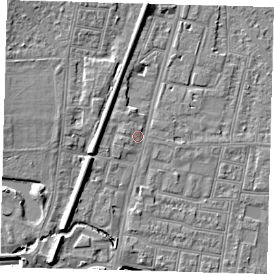 Shaded relief map of the ground around N182JG, computed from Environment Agency LiDAR. The ground here sits at about 14 m above sea level and falls 13 m across the surrounding 800 m. Surface water reaching this point runs off ground lying to the west-north-west, 1.5 m higher.