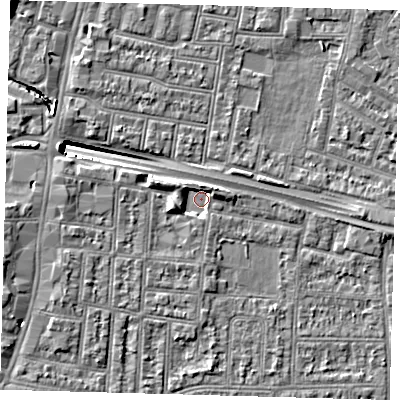 Shaded relief map of the ground around N182JH, computed from Environment Agency LiDAR. The ground here sits at about 11 m above sea level and falls 13 m across the surrounding 800 m. Surface water reaching this point runs off ground lying to the west-south-west, 3.6 m higher.