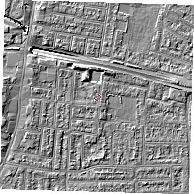 Shaded relief map of the ground around N182JL, computed from Environment Agency LiDAR. The ground here sits at about 12 m above sea level and falls 10 m across the surrounding 800 m. The ground contributing surface water to this point lies to the south-west.
