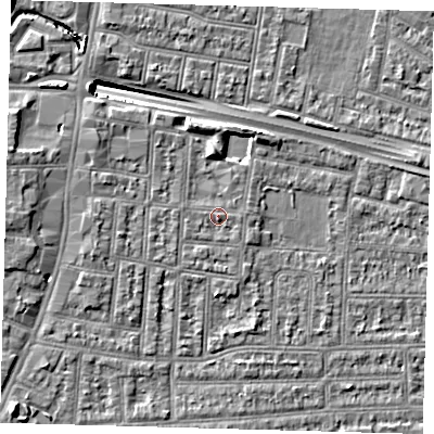 Shaded relief map of the ground around N182JN, computed from Environment Agency LiDAR. The ground here sits at about 13 m above sea level and falls 12 m across the surrounding 800 m. Surface water reaching this point runs off ground lying to the south-south-east, 1.0 m higher.