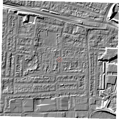 Shaded relief map of the ground around N182JY, computed from Environment Agency LiDAR. The ground here sits at about 11 m above sea level and falls 8 m across the surrounding 800 m. Surface water reaching this point runs off ground lying to the north-west, 1.7 m higher.