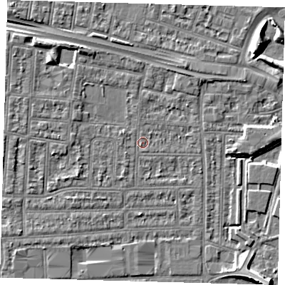 Shaded relief map of the ground around N182JZ, computed from Environment Agency LiDAR. The ground here sits at about 11 m above sea level and falls 8 m across the surrounding 800 m. Surface water reaching this point runs off ground lying to the west-north-west, 1.7 m higher.