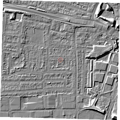 Shaded relief map of the ground around N182LA, computed from Environment Agency LiDAR. The ground here sits at about 11 m above sea level and falls 8 m across the surrounding 800 m. Surface water reaching this point runs off ground lying to the west-north-west, 2.6 m higher.
