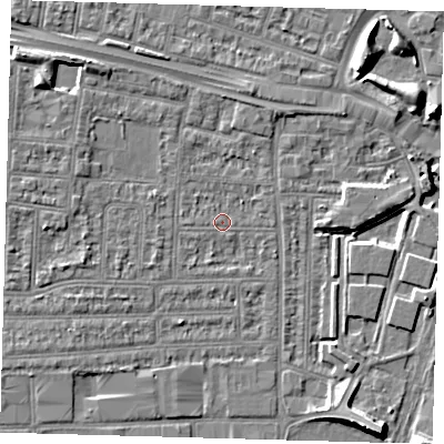 Shaded relief map of the ground around N182LB, computed from Environment Agency LiDAR. The ground here sits at about 11 m above sea level and falls 8 m across the surrounding 800 m. Surface water reaching this point runs off ground lying to the west-north-west, 1.8 m higher.