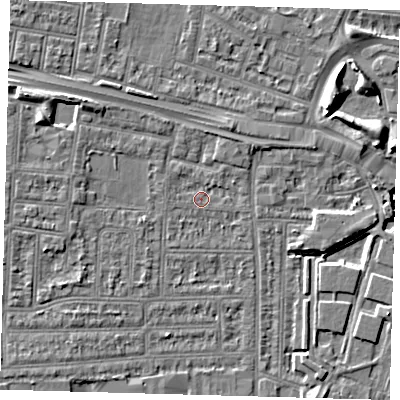 Shaded relief map of the ground around N182LD, computed from Environment Agency LiDAR. The ground here sits at about 11 m above sea level and falls 8 m across the surrounding 800 m. Surface water reaching this point runs off ground lying to the west-north-west, 3.9 m higher.