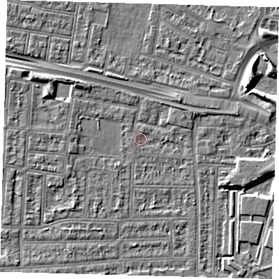 Shaded relief map of the ground around N182LE, computed from Environment Agency LiDAR. The ground here sits at about 11 m above sea level and falls 7 m across the surrounding 800 m. Surface water reaching this point runs off ground lying to the west-north-west, 0.6 m higher.