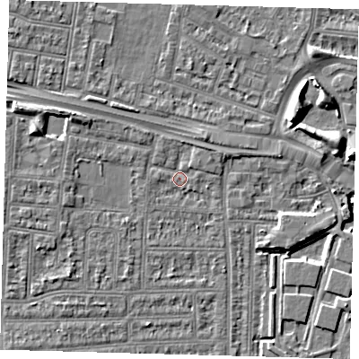 Shaded relief map of the ground around N182LF, computed from Environment Agency LiDAR. The ground here sits at about 11 m above sea level and falls 8 m across the surrounding 800 m. Surface water reaching this point runs off ground lying to the west-north-west, 3.9 m higher.