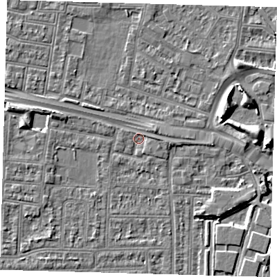 Shaded relief map of the ground around N182LG, computed from Environment Agency LiDAR. The ground here sits at about 11 m above sea level and falls 8 m across the surrounding 800 m. Surface water reaching this point runs off ground lying to the west, 3.7 m higher.