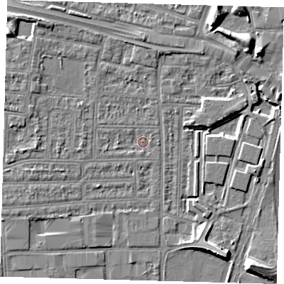 Shaded relief map of the ground around N182LL, computed from Environment Agency LiDAR. The ground here sits at about 11 m above sea level and falls 9 m across the surrounding 800 m. Surface water reaching this point runs off ground lying to the west-north-west, 2.6 m higher.