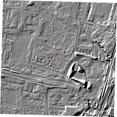 Shaded relief map of the ground around N182LN, computed from Environment Agency LiDAR. The ground here sits at about 11 m above sea level and falls 9 m across the surrounding 800 m. Surface water reaching this point runs off ground lying to the south-east, 7.0 m higher.