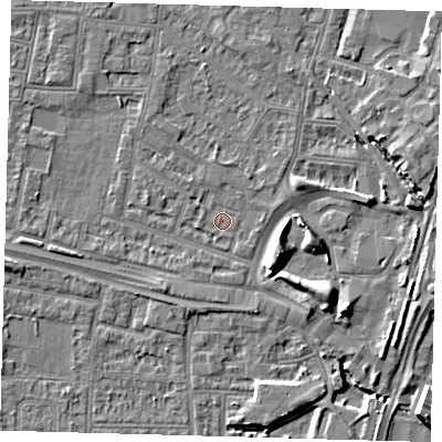 Shaded relief map of the ground around N182LP, computed from Environment Agency LiDAR. The ground here sits at about 11 m above sea level and falls 9 m across the surrounding 800 m. Surface water reaching this point runs off ground lying to the south-east, 7.0 m higher.
