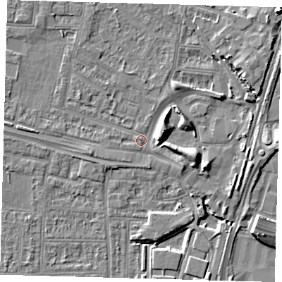 Shaded relief map of the ground around N182LR, computed from Environment Agency LiDAR. The ground here sits at about 11 m above sea level and falls 10 m across the surrounding 800 m. Surface water reaching this point runs off ground lying to the east-north-east, 5.0 m higher.