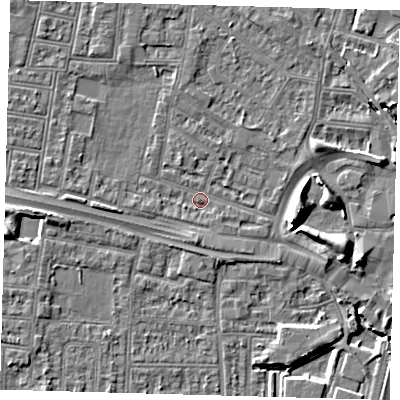 Shaded relief map of the ground around N182LS, computed from Environment Agency LiDAR. The ground here sits at about 11 m above sea level and falls 8 m across the surrounding 800 m. Surface water reaching this point runs off ground lying to the south, 2.3 m higher.