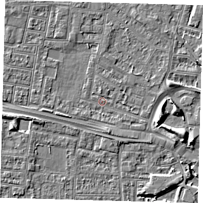 Shaded relief map of the ground around N182LT, computed from Environment Agency LiDAR. The ground here sits at about 11 m above sea level and falls 8 m across the surrounding 800 m. Surface water reaching this point runs off ground lying to the north-west, 2.4 m higher.