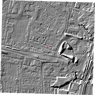Shaded relief map of the ground around N182LU, computed from Environment Agency LiDAR. The ground here sits at about 11 m above sea level and falls 9 m across the surrounding 800 m. Surface water reaching this point runs off ground lying to the east-south-east, 5.8 m higher.