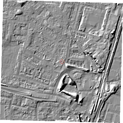 Shaded relief map of the ground around N182LX, computed from Environment Agency LiDAR. The ground here sits at about 11 m above sea level and falls 10 m across the surrounding 800 m. Surface water reaching this point runs off ground lying to the east-north-east, 9.1 m higher.
