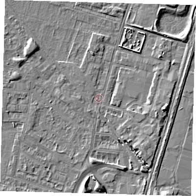 Shaded relief map of the ground around N182LZ, computed from Environment Agency LiDAR. The ground here sits at about 11 m above sea level and falls 9 m across the surrounding 800 m. Surface water reaching this point runs off ground lying to the east-south-east, 3.6 m higher.