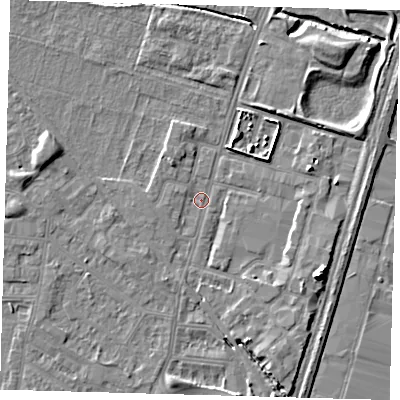 Shaded relief map of the ground around N182NA, computed from Environment Agency LiDAR. The ground here sits at about 11 m above sea level and falls 9 m across the surrounding 800 m. Surface water reaching this point runs off ground lying to the north-east, 0.8 m higher.