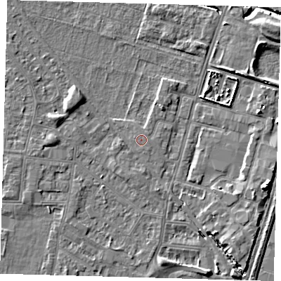 Shaded relief map of the ground around N182NB, computed from Environment Agency LiDAR. The ground here sits at about 12 m above sea level and falls 9 m across the surrounding 800 m. The ground contributing surface water to this point lies to the south-south-east.