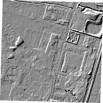 Shaded relief map of the ground around N182ND, computed from Environment Agency LiDAR. The ground here sits at about 12 m above sea level and falls 9 m across the surrounding 800 m. Surface water reaching this point runs off ground lying to the north, 1.9 m higher.