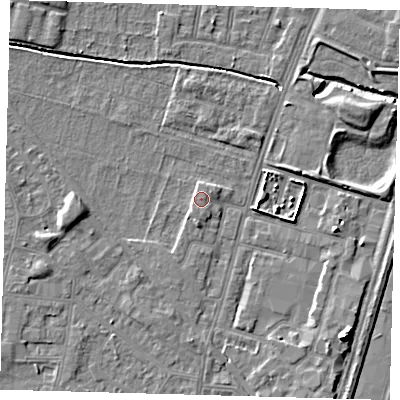 Shaded relief map of the ground around N182NE, computed from Environment Agency LiDAR. The ground here sits at about 12 m above sea level and falls 9 m across the surrounding 800 m. Surface water reaching this point runs off ground lying to the south, 1.8 m higher.