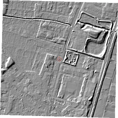 Shaded relief map of the ground around N182NF, computed from Environment Agency LiDAR. The ground here sits at about 11 m above sea level and falls 9 m across the surrounding 800 m. Surface water reaching this point runs off ground lying to the west, 3.5 m higher.