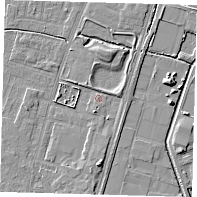 Shaded relief map of the ground around N182NG, computed from Environment Agency LiDAR. The ground here sits at about 12 m above sea level and falls 10 m across the surrounding 800 m. Surface water reaching this point runs off ground lying to the south-south-west, 3.2 m higher.
