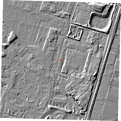 Shaded relief map of the ground around N182NP, computed from Environment Agency LiDAR. The ground here sits at about 11 m above sea level and falls 9 m across the surrounding 800 m. Surface water reaching this point runs off ground lying to the east-south-east, 3.6 m higher.