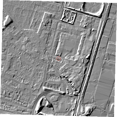 Shaded relief map of the ground around N182NR, computed from Environment Agency LiDAR. The ground here sits at about 11 m above sea level and falls 9 m across the surrounding 800 m. Surface water reaching this point runs off ground lying to the east, 3.1 m higher.