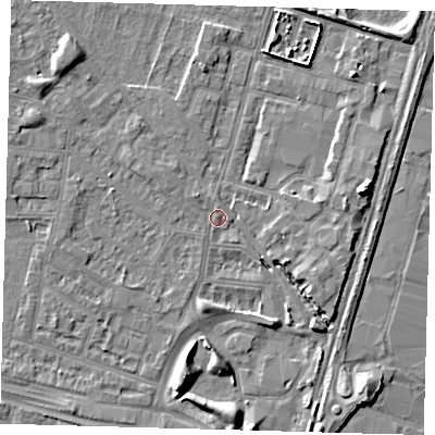 Shaded relief map of the ground around N182NS, computed from Environment Agency LiDAR. The ground here sits at about 11 m above sea level and falls 9 m across the surrounding 800 m. Surface water reaching this point runs off ground lying to the north-west, 1.0 m higher.