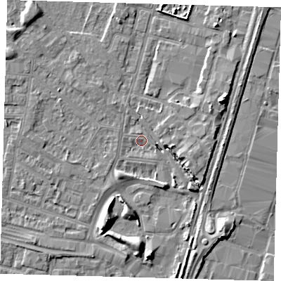Shaded relief map of the ground around N182NT, computed from Environment Agency LiDAR. The ground here sits at about 11 m above sea level and falls 9 m across the surrounding 800 m. Surface water reaching this point runs off ground lying to the south-south-east, 4.2 m higher.