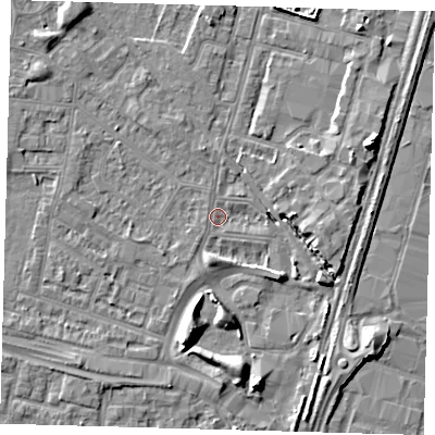 Shaded relief map of the ground around N182NU, computed from Environment Agency LiDAR. The ground here sits at about 11 m above sea level and falls 9 m across the surrounding 800 m. Surface water reaching this point runs off ground lying to the south, 5.2 m higher.