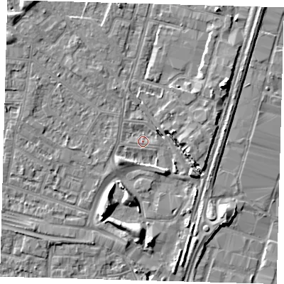 Shaded relief map of the ground around N182NX, computed from Environment Agency LiDAR. The ground here sits at about 11 m above sea level and falls 10 m across the surrounding 800 m. Surface water reaching this point runs off ground lying to the south-east, 4.2 m higher.
